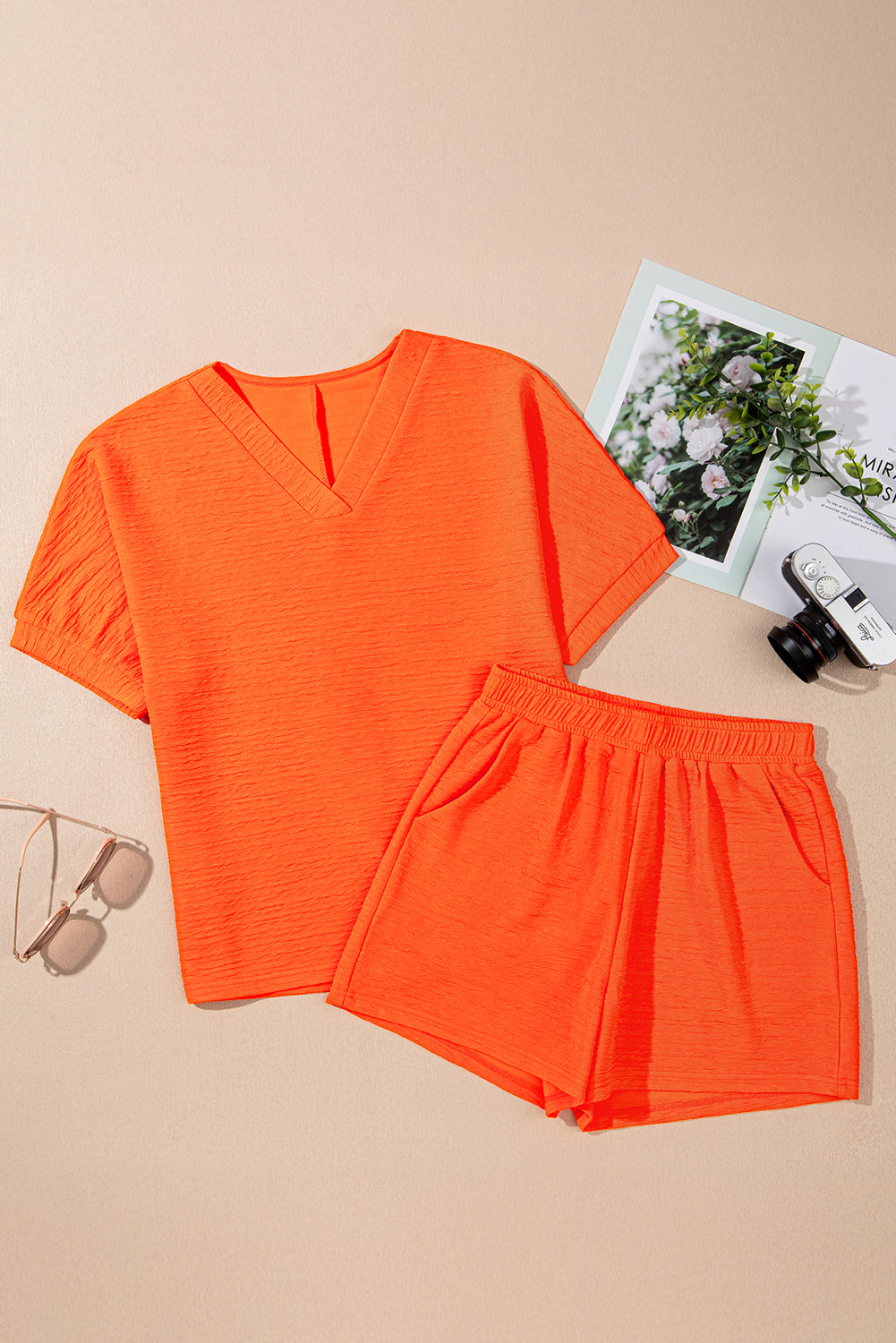 Pink Textured V Neck T Shirt and Shorts Set