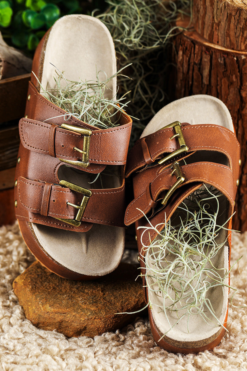 Chestnut Suede Buckle Decor Footbed Sandal Slippers
