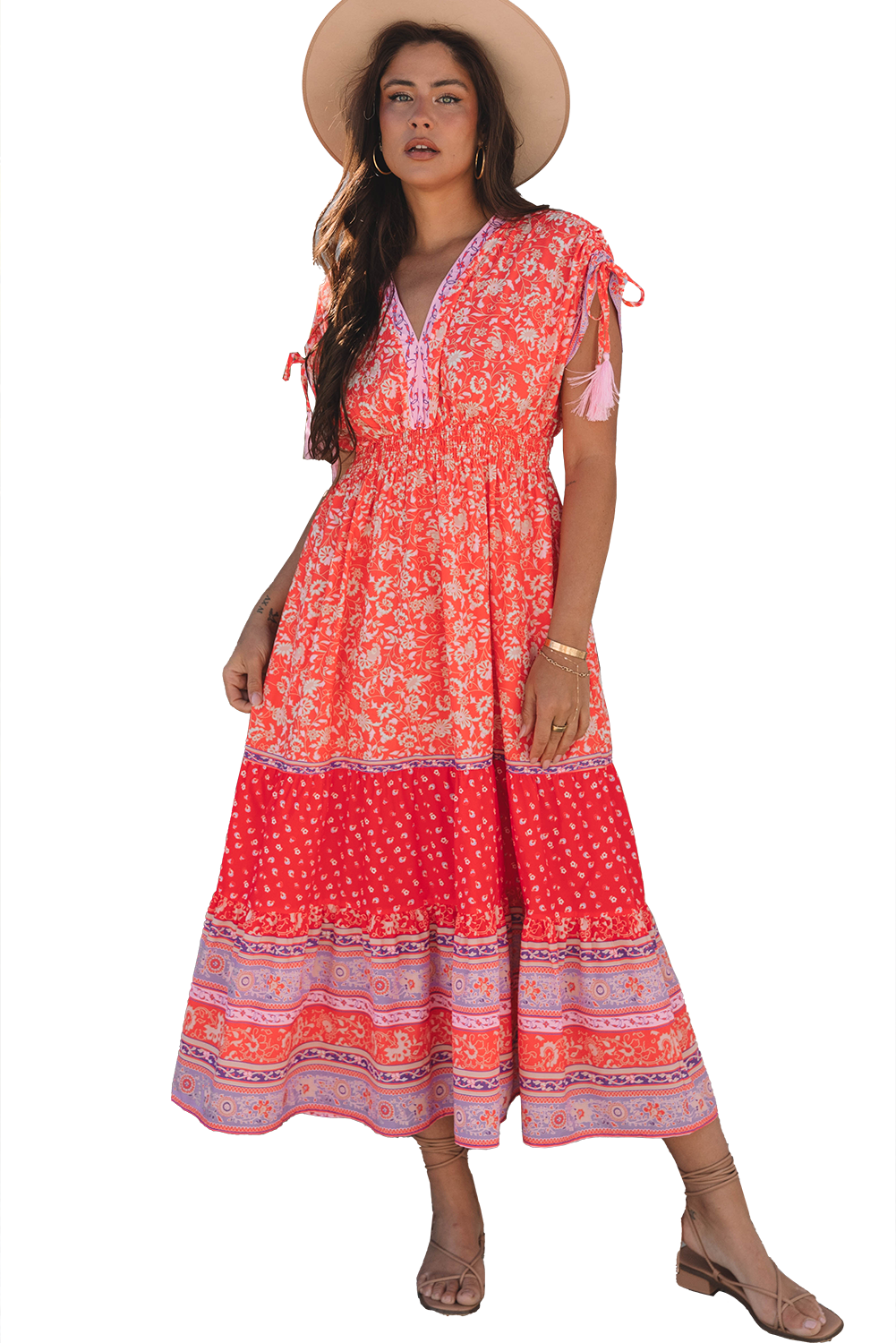 Red Floral Print Tasseled Tied Sleeve Empire Waist Maxi Dress