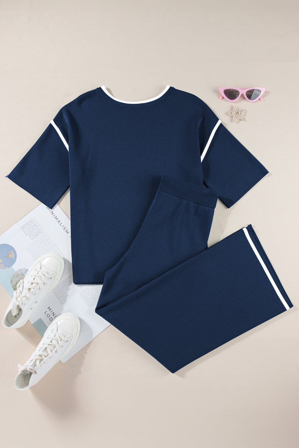 Blackish Green Contrast Trim Half Sleeve Top Drawstring Pants Loose 2pcs Sweater Suit