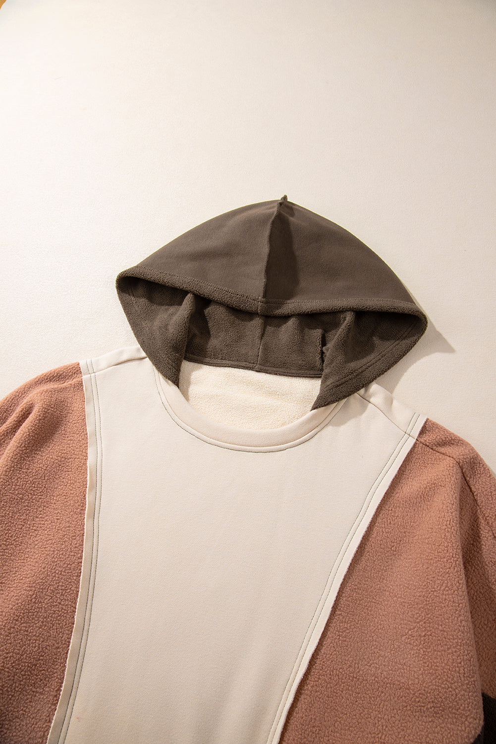 Beige Oversized Color Block Patchwork High Low Hoodie