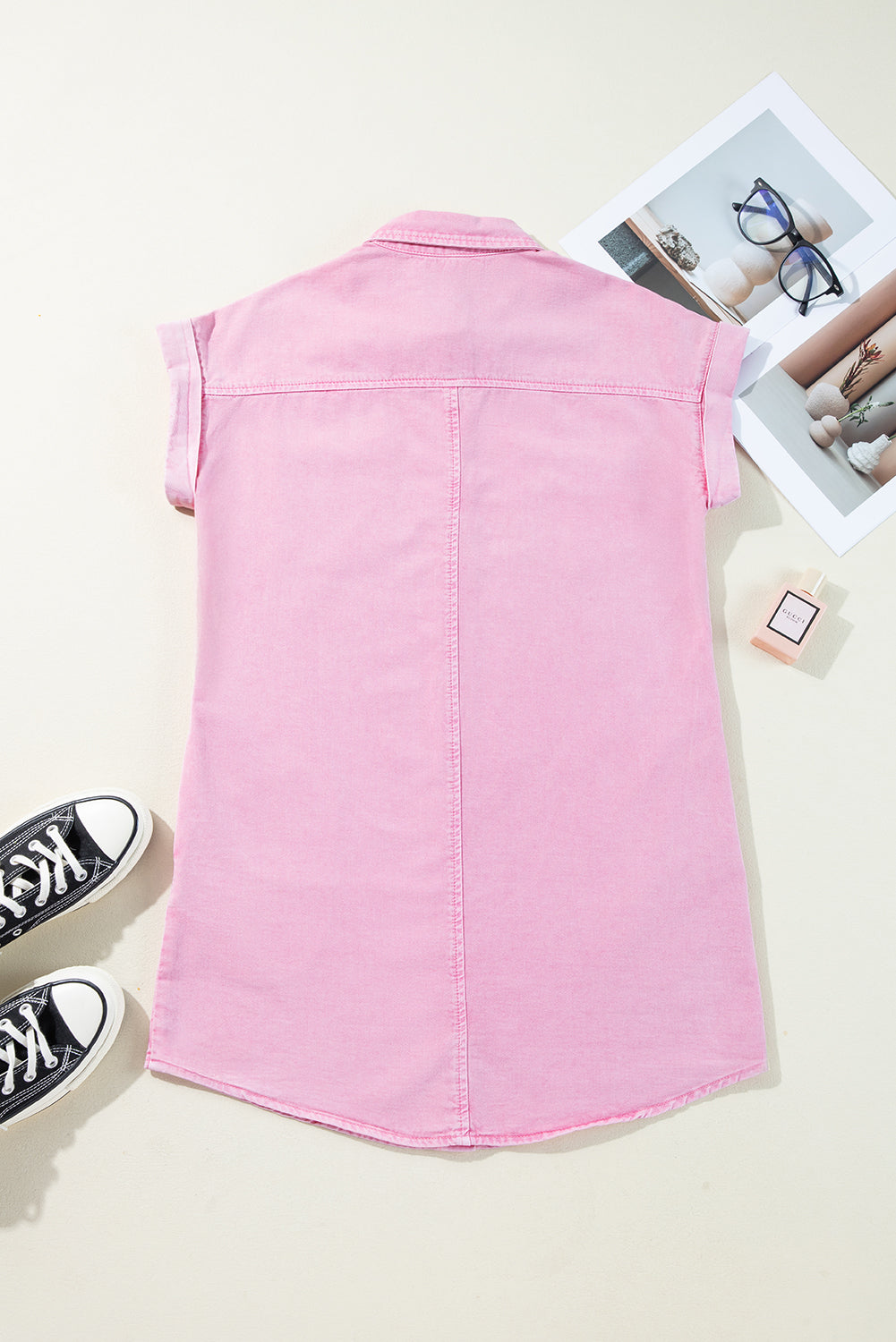 Orchid Petal Short Sleeve Double Chest Pocket Denim Shirt Dress