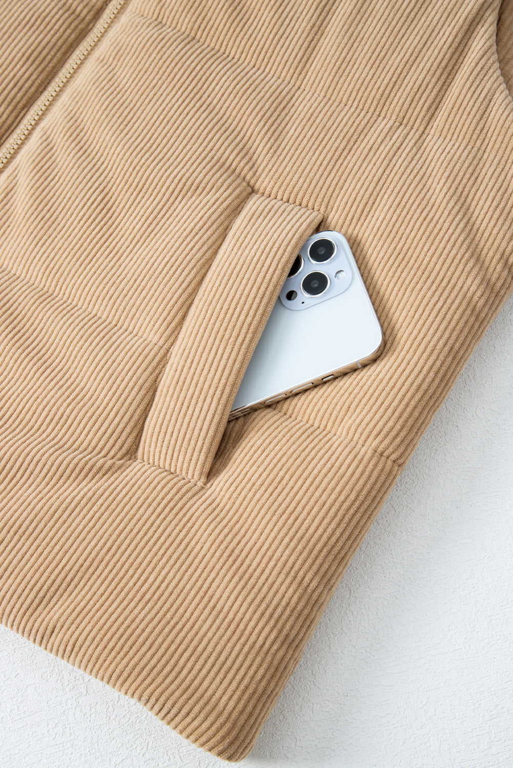 Beige Corduroy Stand Neck Zipped Puffer Vest