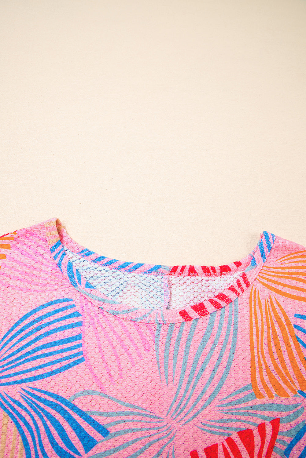 Multicolour Bowknot Printed Waffle Crewneck Loose Short Sleeve Top