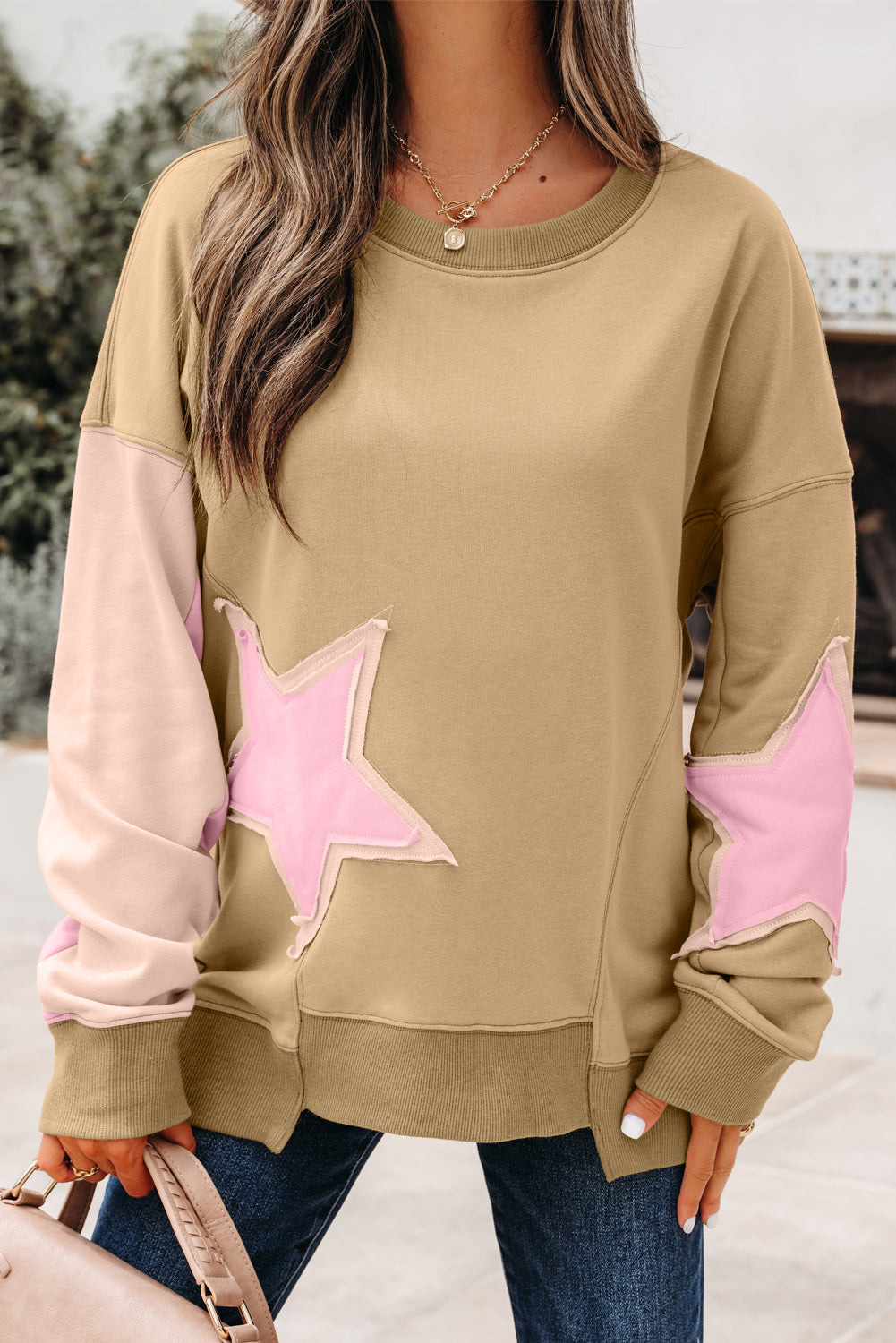 Rose Pink Contrast Star Patchwork Exposed Seam Uneven Hem Drop Shoulder Sweatshirt