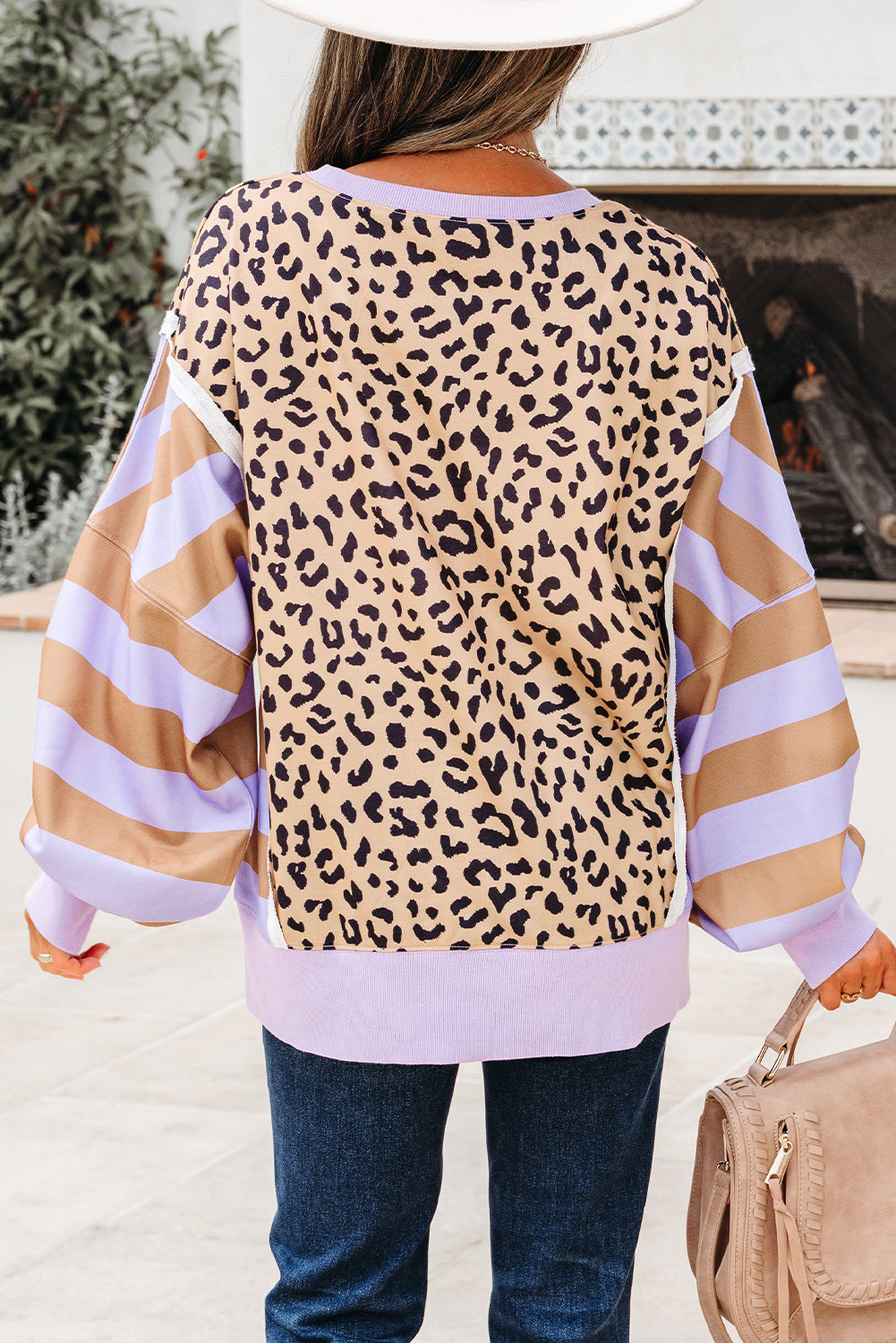 Khaki Leopard Striped Patchwork Plus Size Loose Sweatshirt