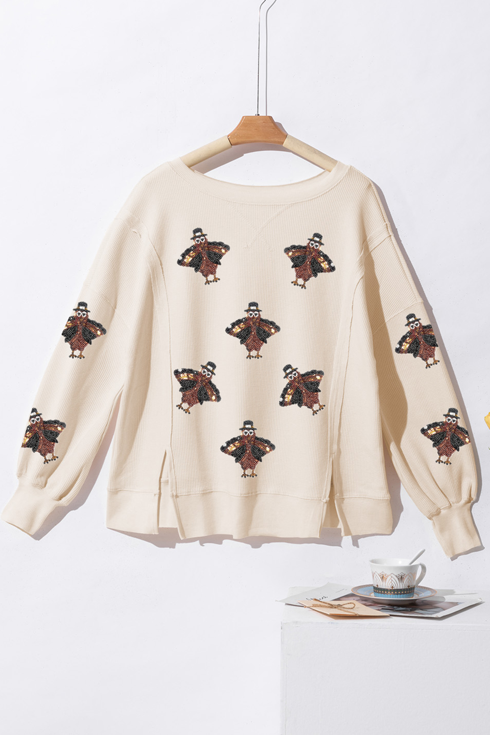 White Waffle knit Bishop Sleeve Split Oversized Top