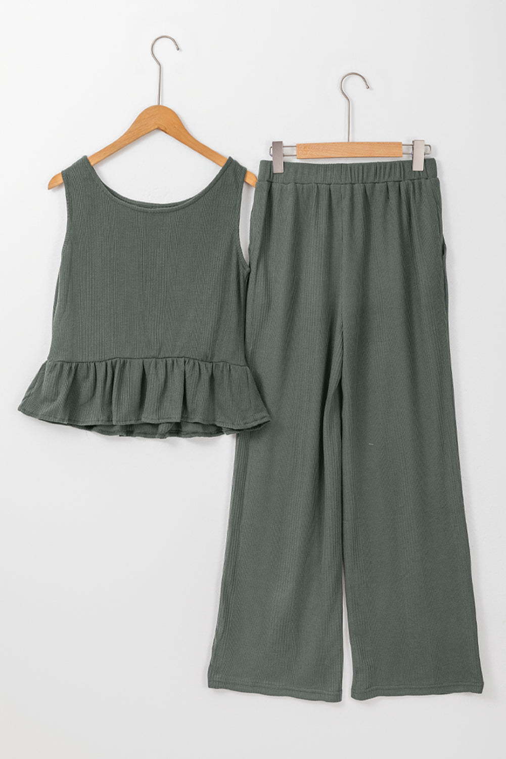 Beau Blue Solid Color Ribbed Ruffle Tank Top and Pants Set