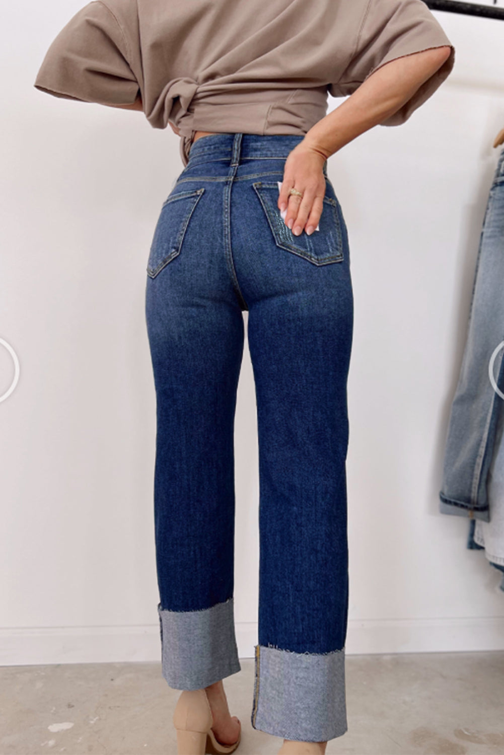 High Waist Distressed Straight Leg Jeans