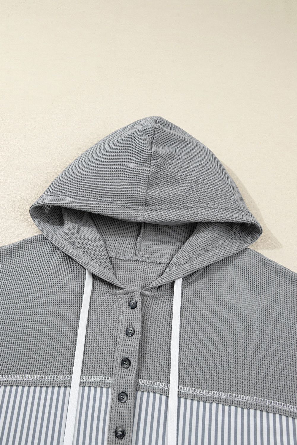 Gray Waffle Printed Patchwork Drawstring Hooded Long Sleeve Top