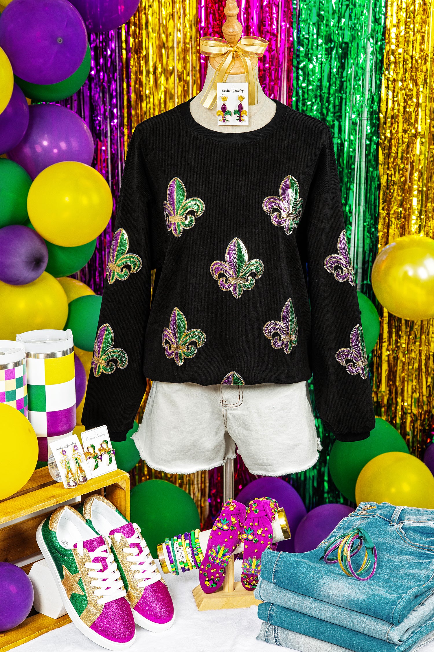 Black Corded Ribbed Sequin Fleur De Lis Graphic Pullover Sweatshirt