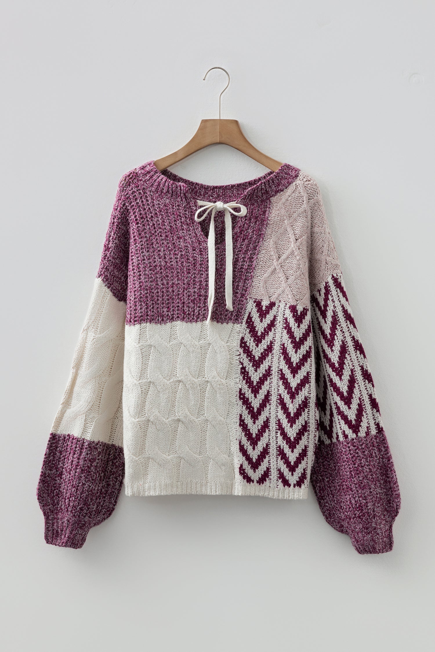 Brown Color Block Patchwork Knotted Back Loose Fit Sweater