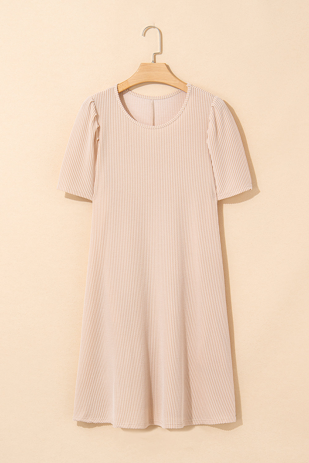 Mint Green Corded Knit Crew Neck Puff Sleeve Shift Mini Dress