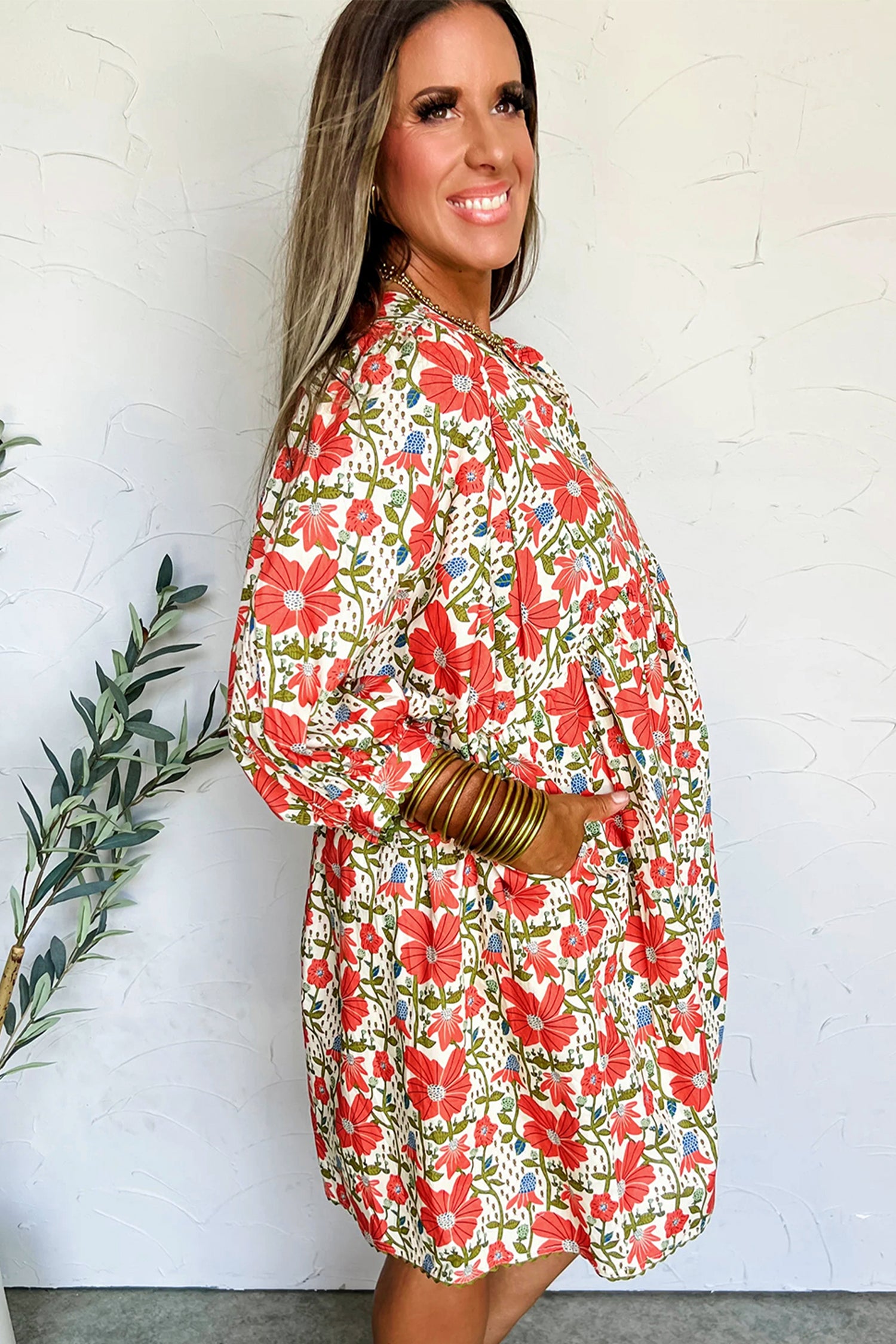 Red Floral Print Ricrac Trim V Neck 3/4 Sleeve Loose Mini Dress