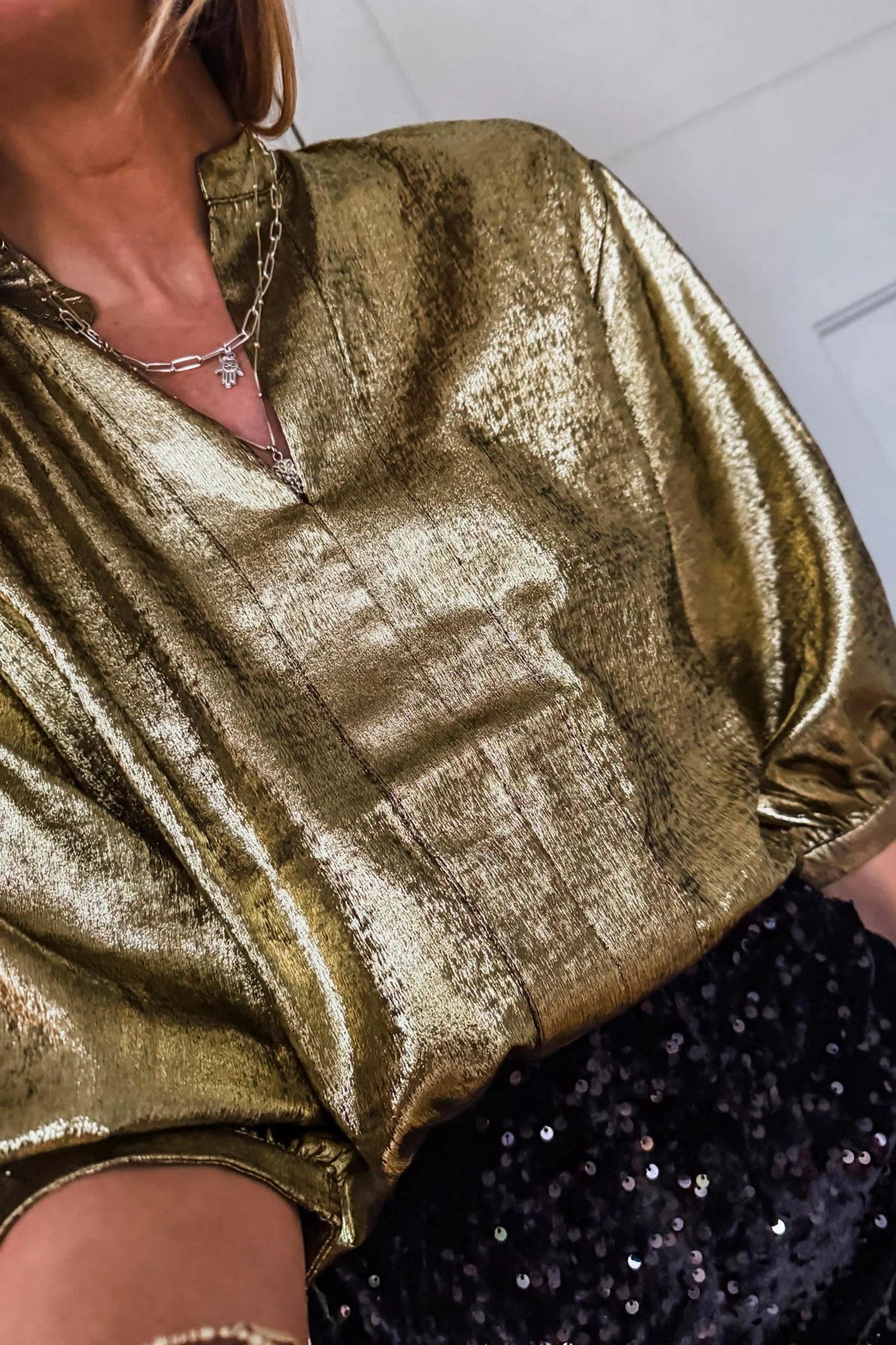 Apricot Metallic Round Neck Smocked Long Sleeve Blouse