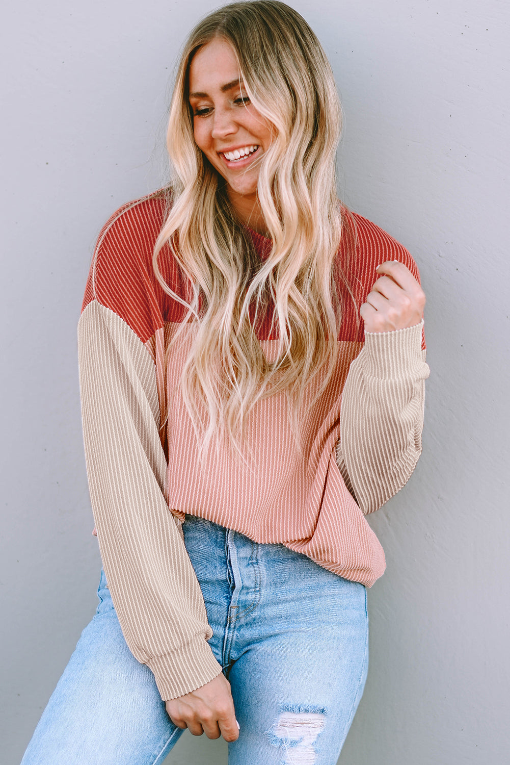Pale Chestnut Color Block Corded Long Sleeve Top
