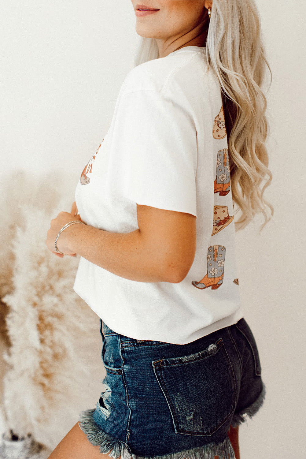 White Western Cowboy Boots Print Round Neck T Shirt