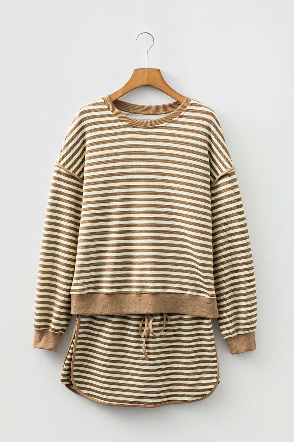 Black Stripe Textured Drop Shoulder Pullover Top Drawstring Mini Skort Two Piece Dress Set