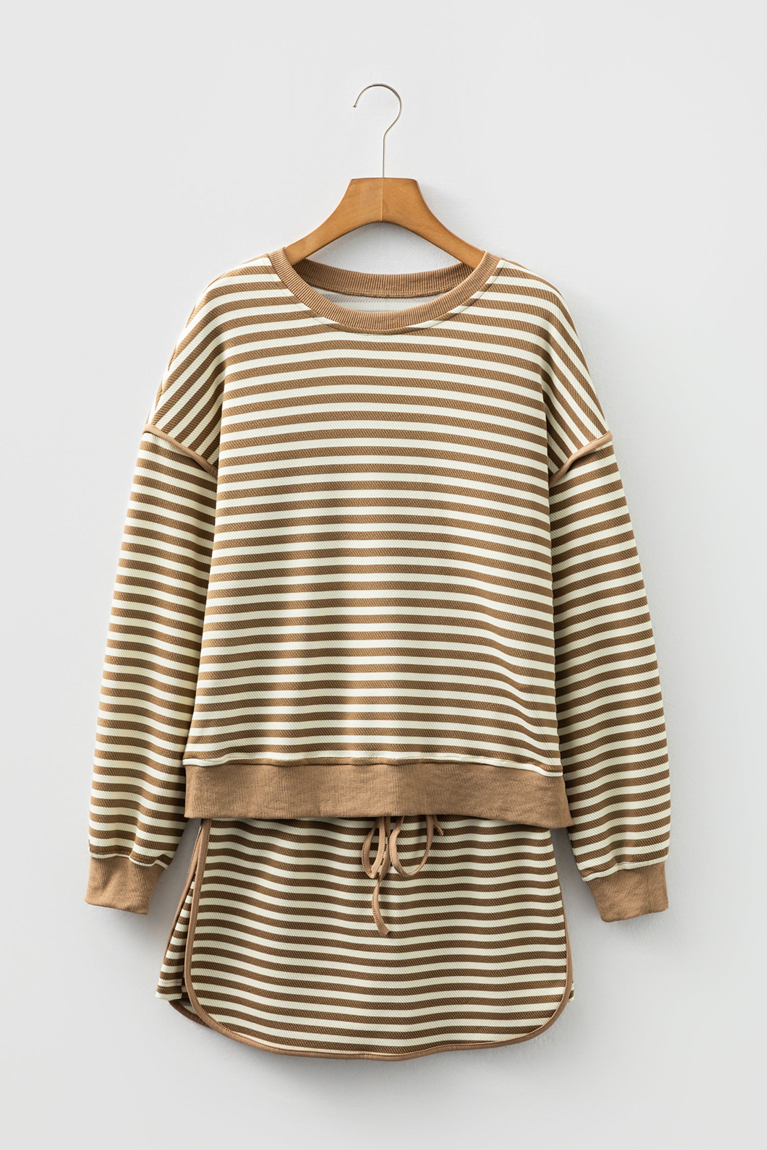 Black Stripe Textured Drop Shoulder Pullover Top Drawstring Mini Skort Two Piece Dress Set
