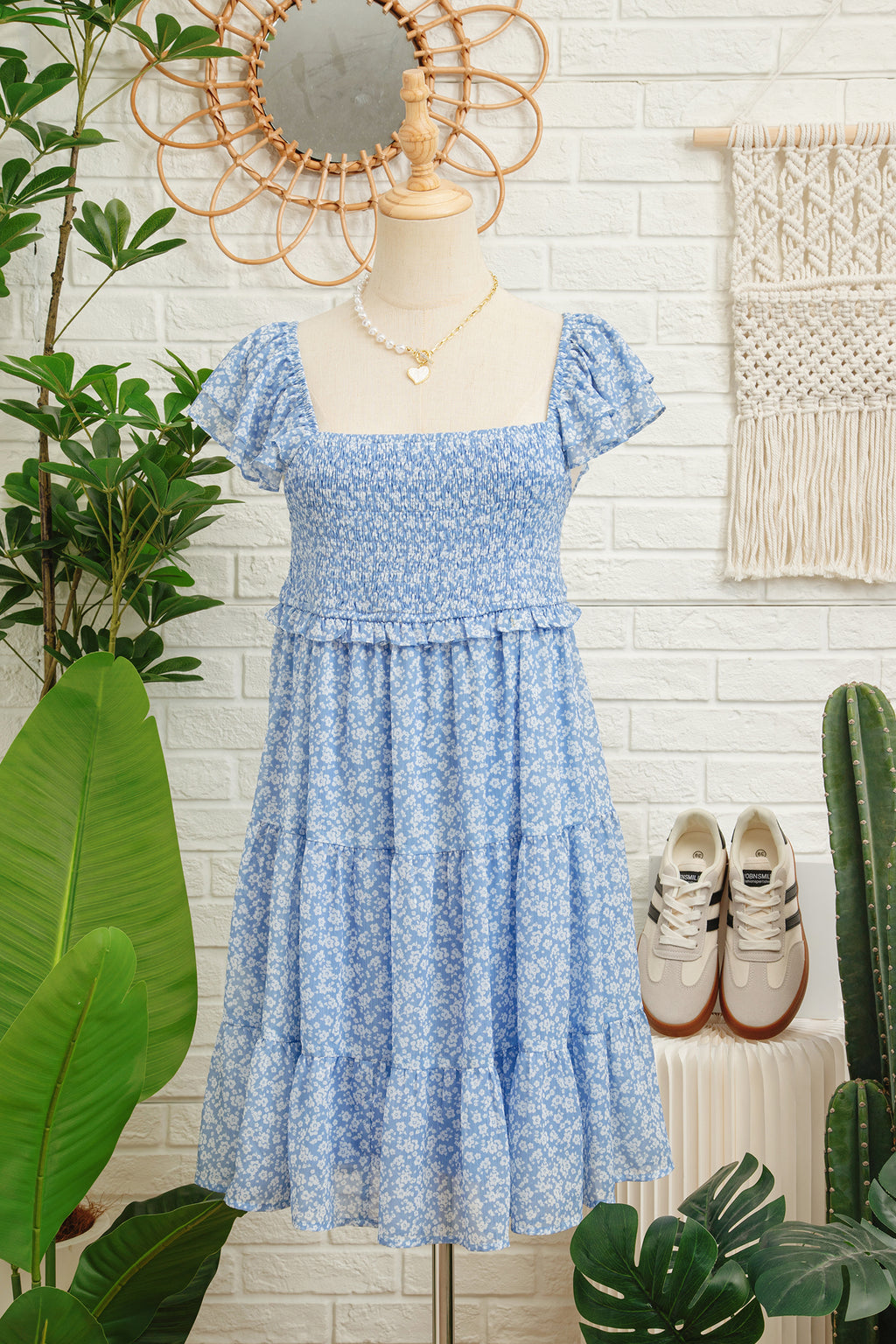 Sky Blue Floral Print Square Neck Flutter Sleeve Smocked Tiered Mini Dress
