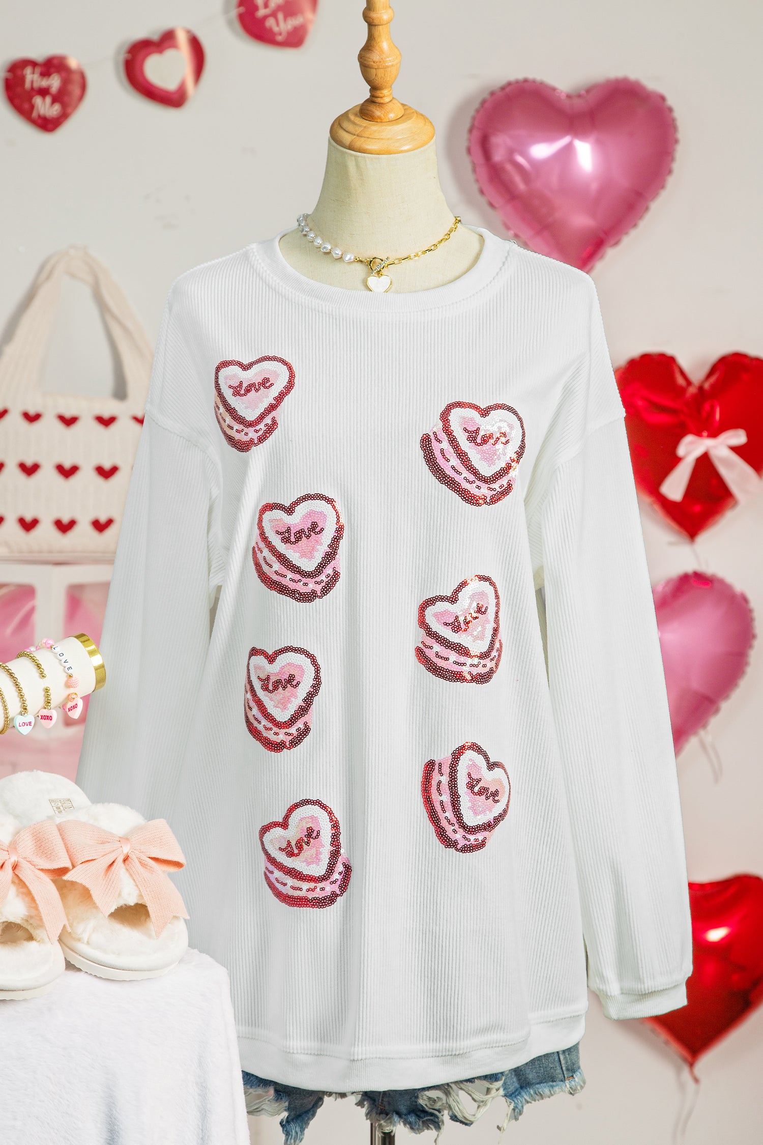 White Sequin Love Heart Pattern Corded Valentines Sweatshirt