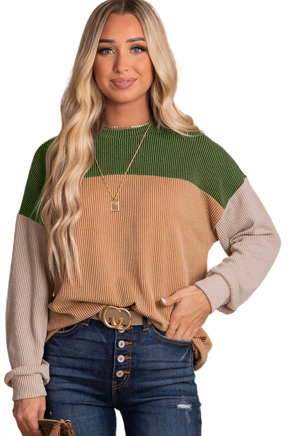 Pale Chestnut Color Block Corded Long Sleeve Top