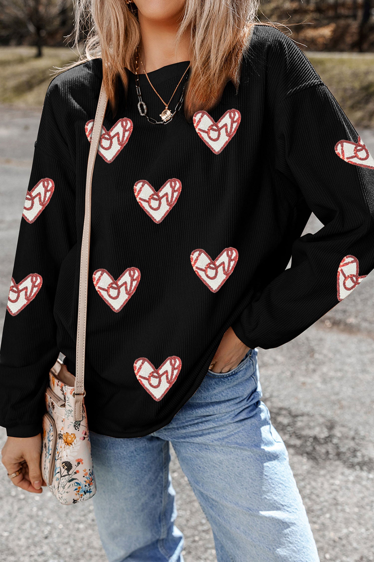 Black Corded Ribbed Love Heart Sequin Patched Graphic Sweatshirt