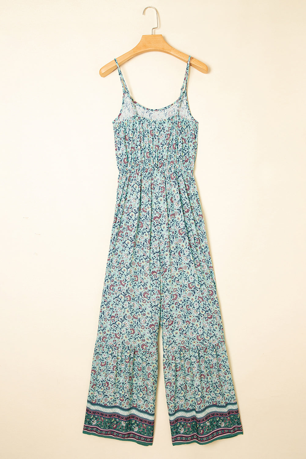 Green Bohemian Floral Ruffle Bottom Spaghetti Strap Jumpsuit