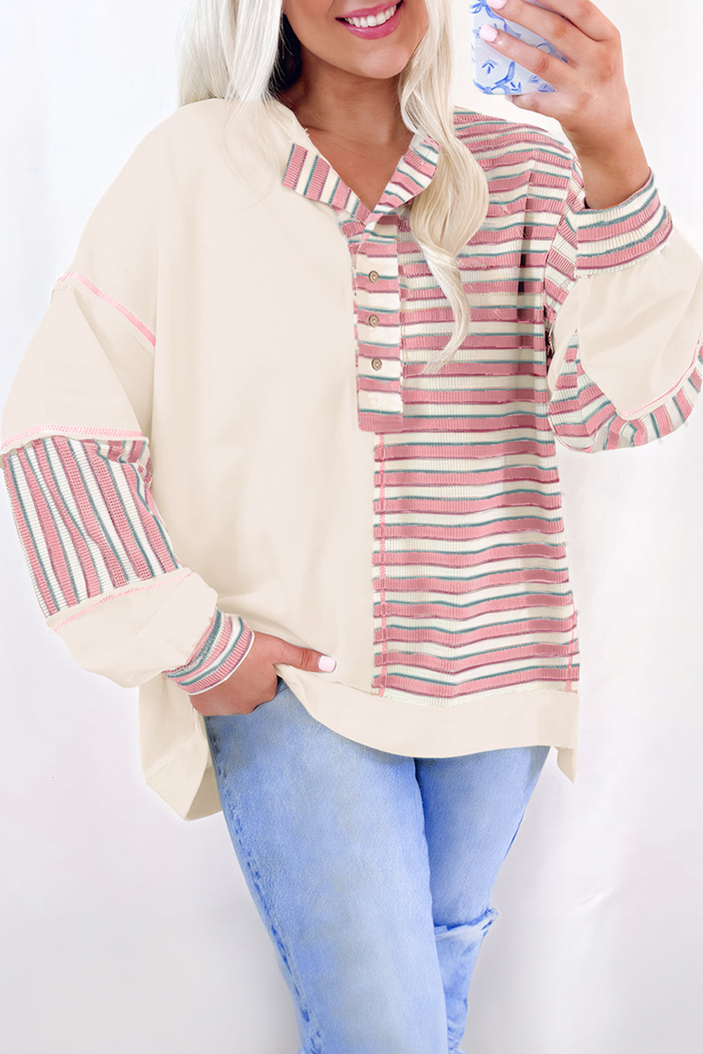 Khaki Stripe Stitched Detail Color Block Patchwork Oversized Pullover Top