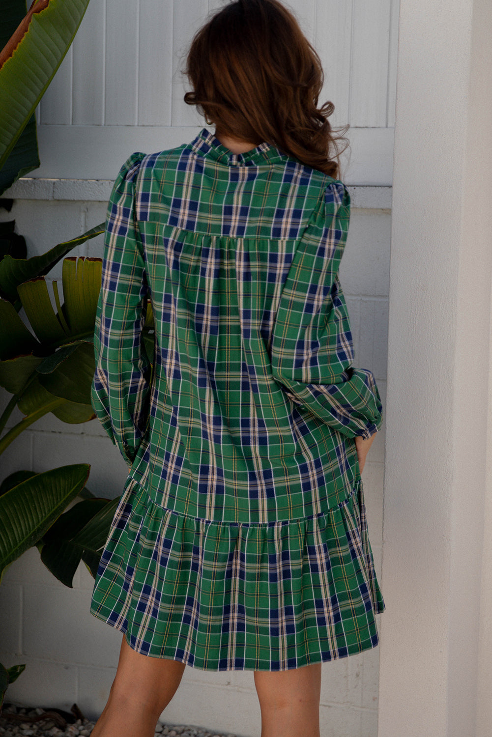 Green Plus Size Plaid Long Sleeve Notched Neck Shift Mini Dress