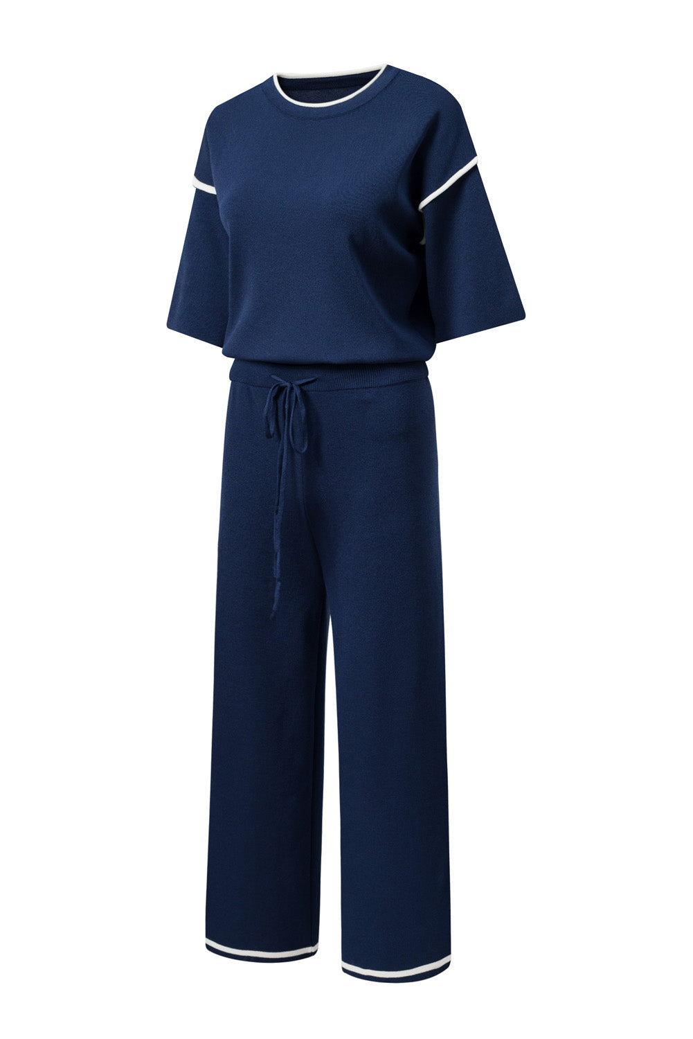 Blackish Green Contrast Trim Half Sleeve Top Drawstring Pants Loose 2pcs Sweater Suit