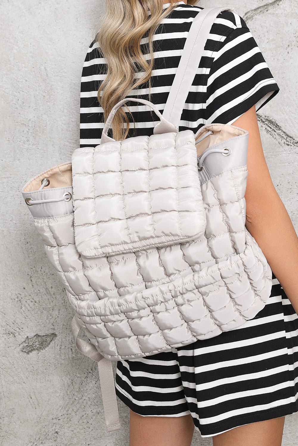 Black Solid Flapped Quilted Puffer Backpack