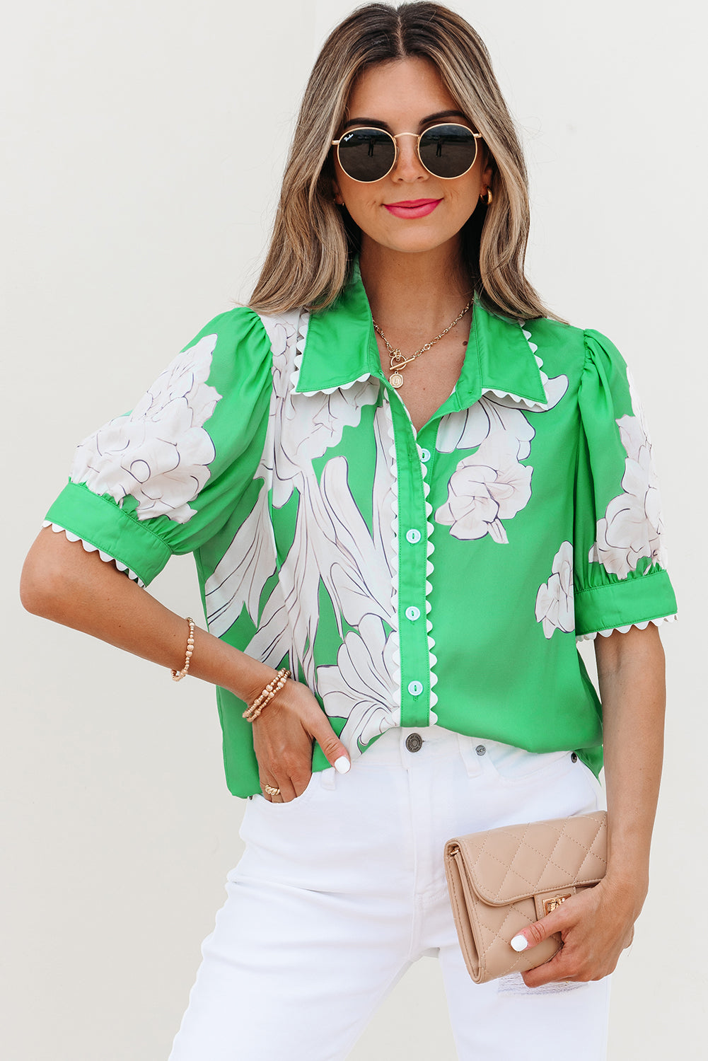 Sky Blue Floral Ric Rac Edge Puff Sleeve Button Up Summer Shirt