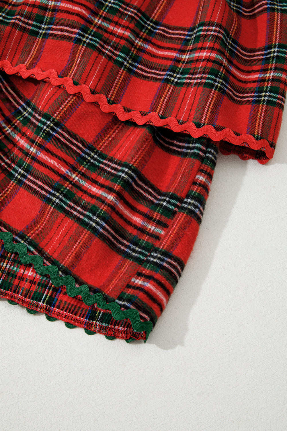Red Plaid Print Ricrac Tiered Bubble Sleeve Mini Dress
