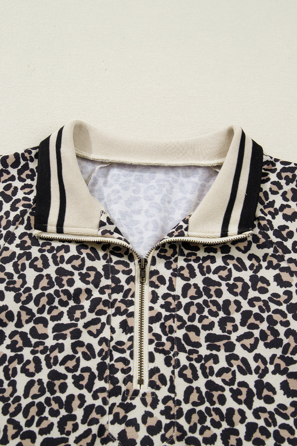 Brown Leopard Print Half Zip Striped Trim Patchwork Short Sleeve Top