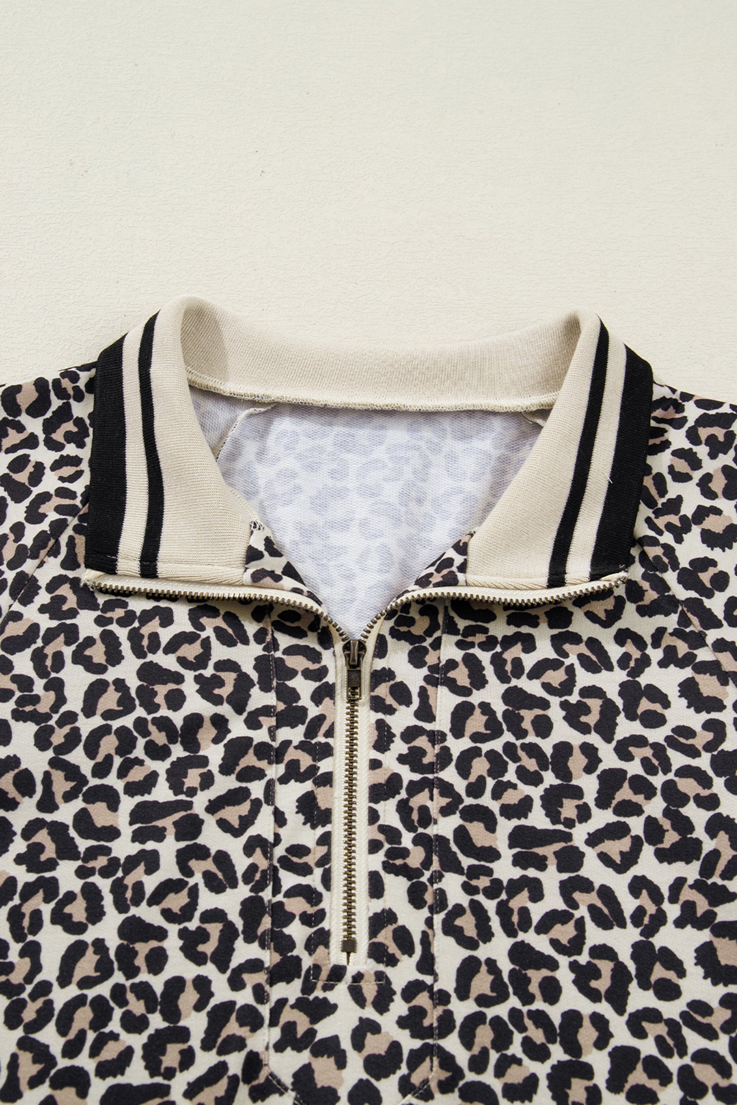 Brown Leopard Print Half Zip Striped Trim Patchwork Short Sleeve Top