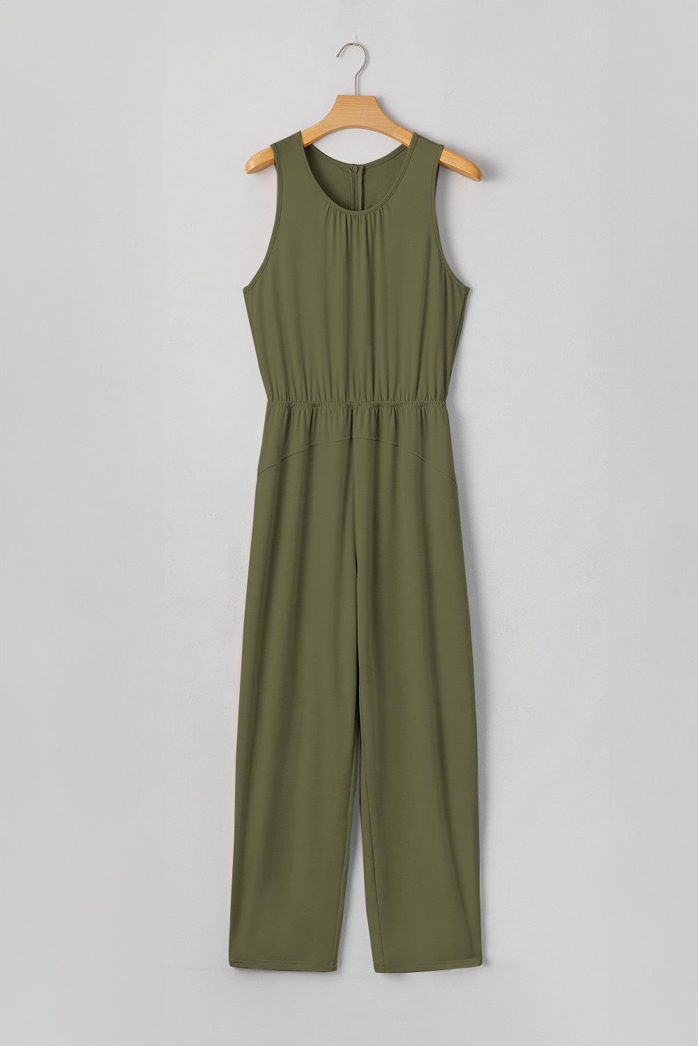 Four Leaf Clover Solid Color Pleated Detail Elastic Waist Sleeveless Jumpsuit