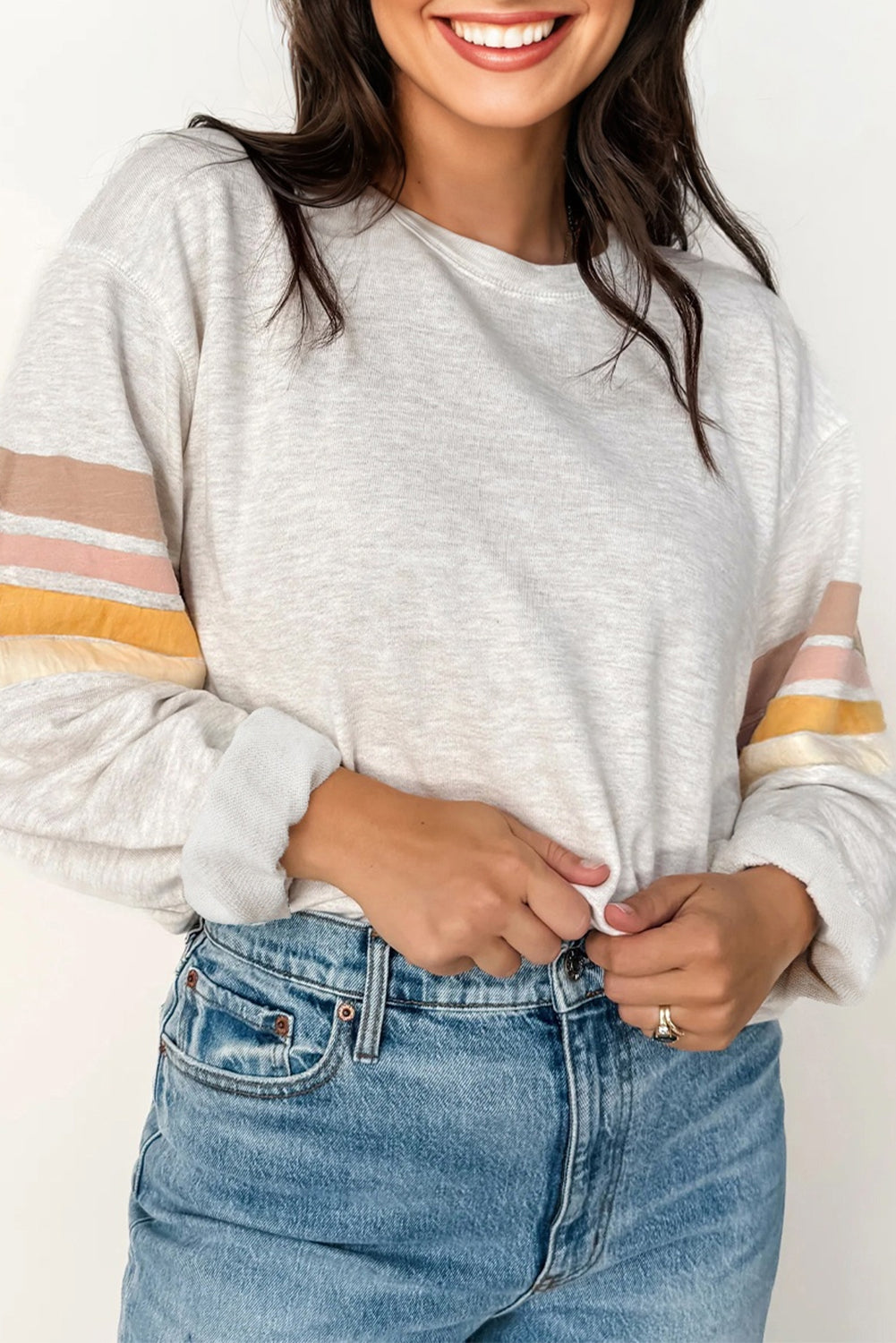 Beige Striped Drop Shoulder Round Neck Pullover and Jogger Pants Active Outfit