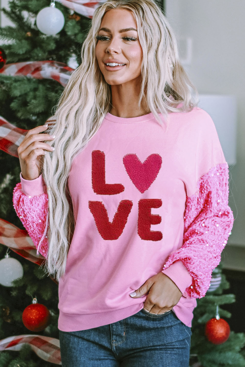 Pink Sequin Patchwork Long Sleeve Pullover Top