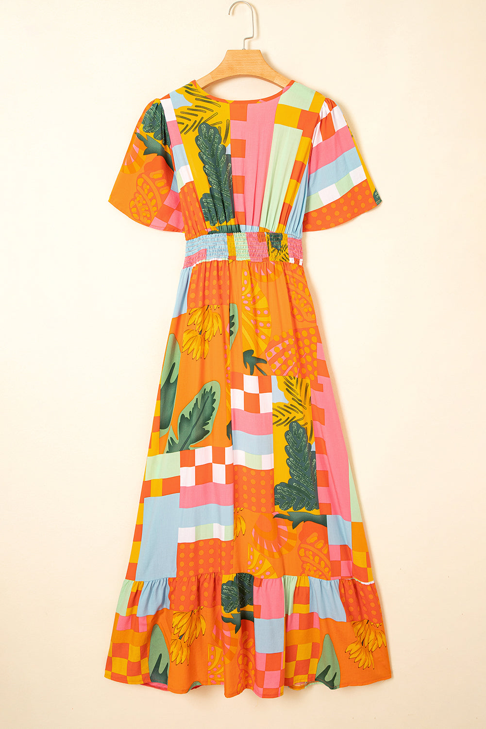 Orange Floral Print Smocked Empire Waist V Neck Maxi Dress