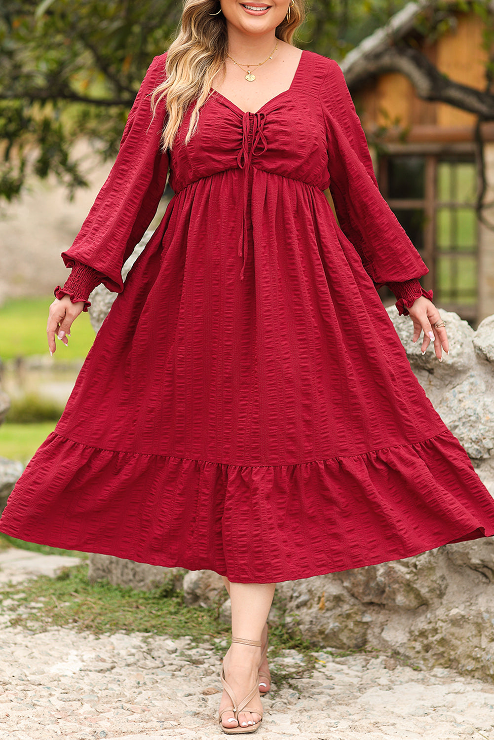 Black Lace-up Ruched Front Long Sleeve Ruffle Hem Plus Size Midi Dress