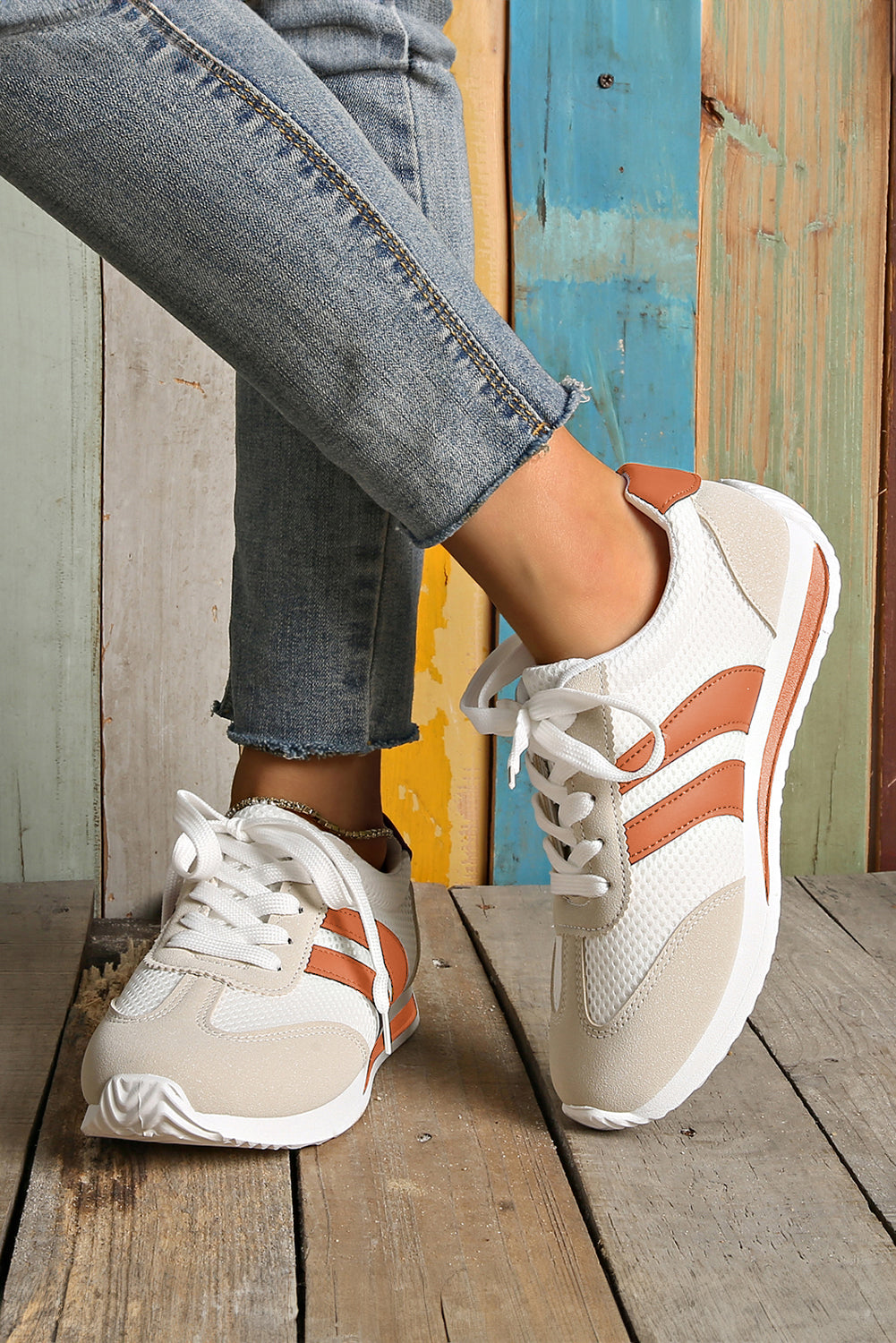 White Color Block Patchwork Breathable Lace-up Sneakers