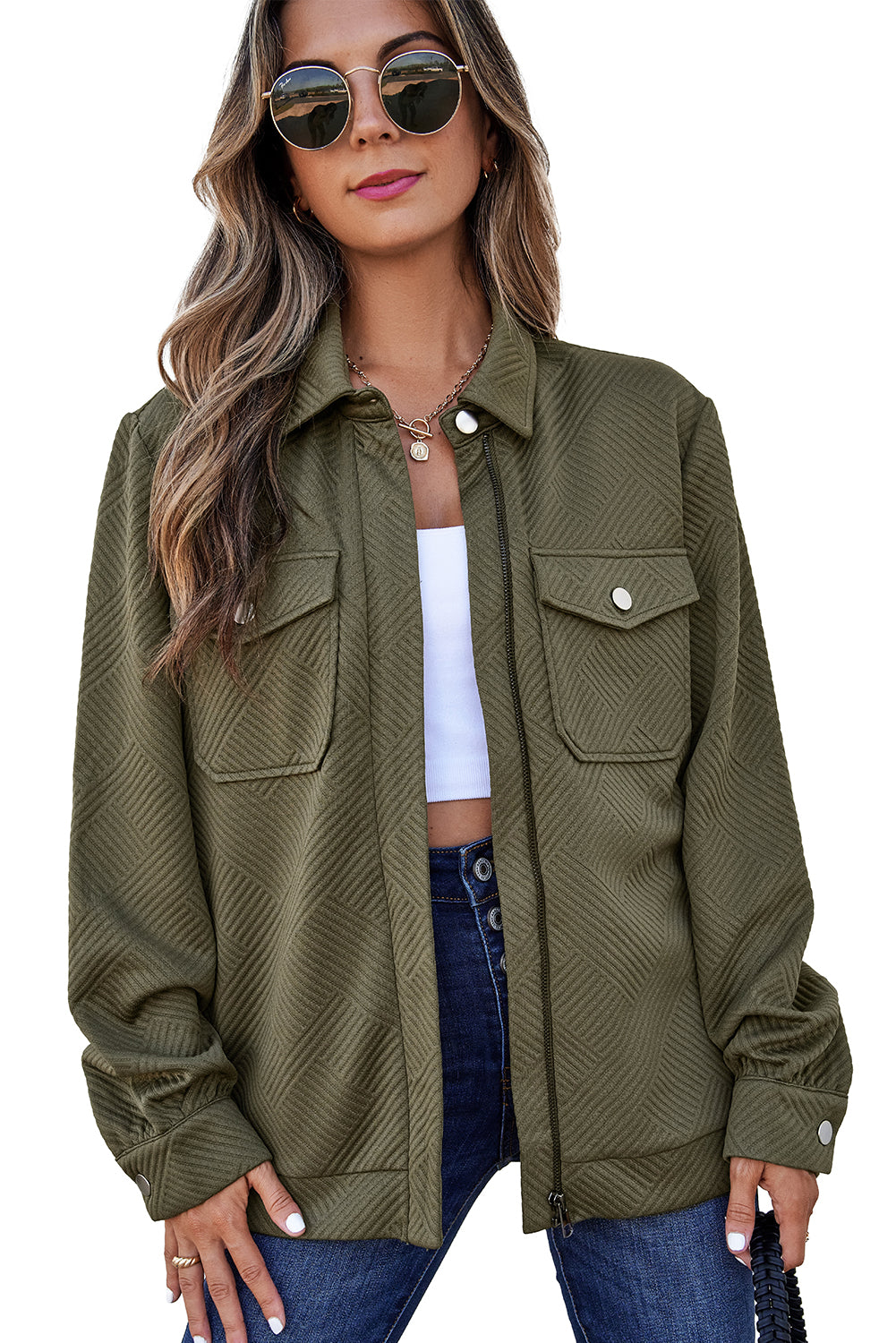 Coffee Solid Color Zip Up Button Flap Pocket Shirt Collar Jackets
