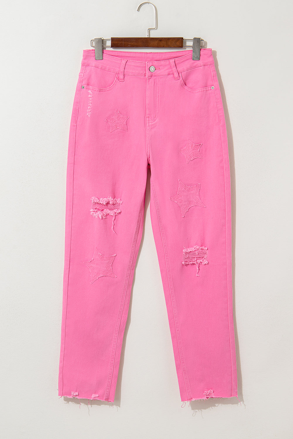 Pink Star Shape Patchwork Mid Waist Straight Leg Jeans