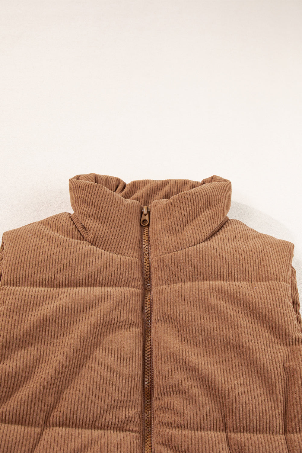 Beige Corduroy Stand Neck Zipped Puffer Vest
