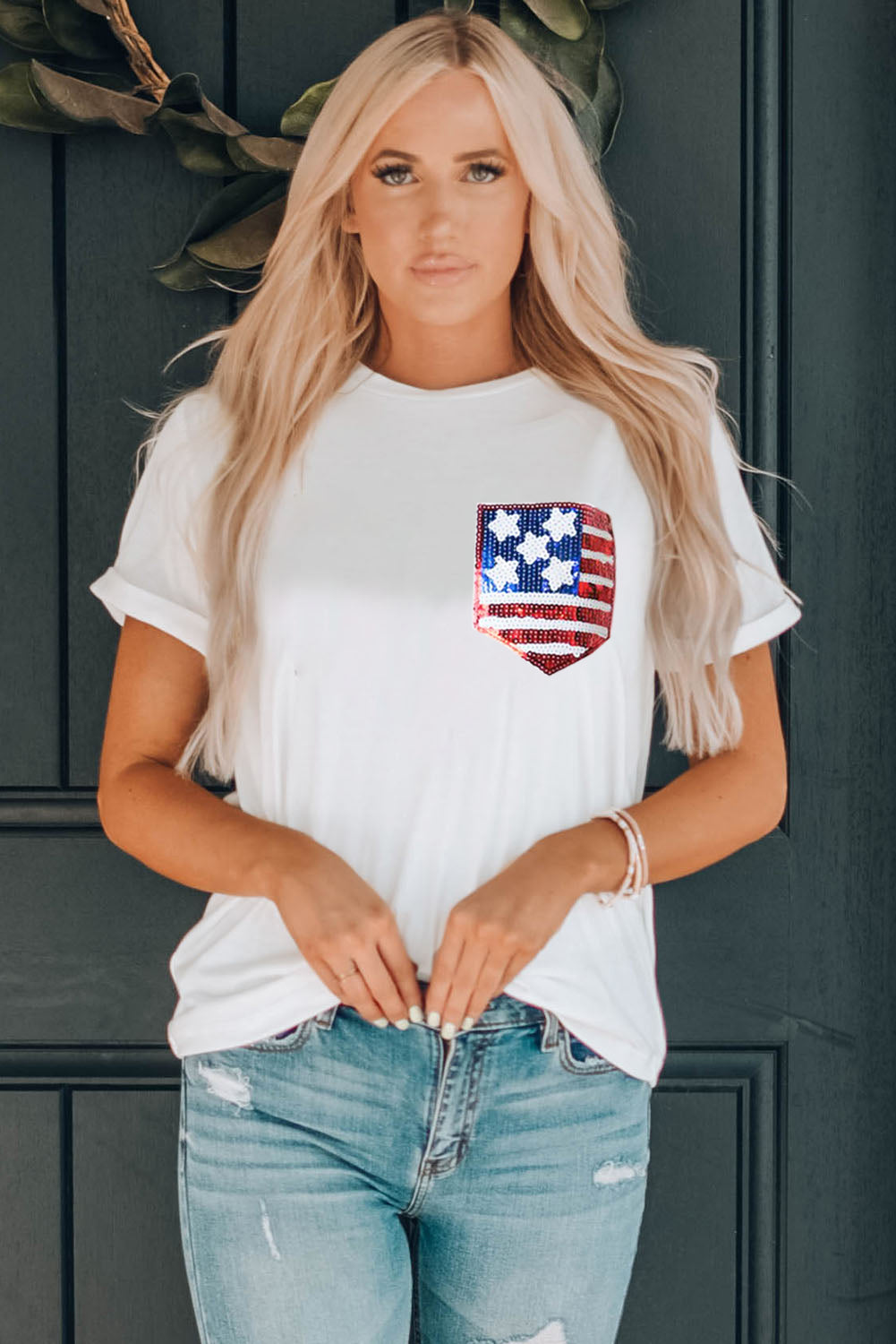 White Sequin American Flag Can Oversized Graphic Tee