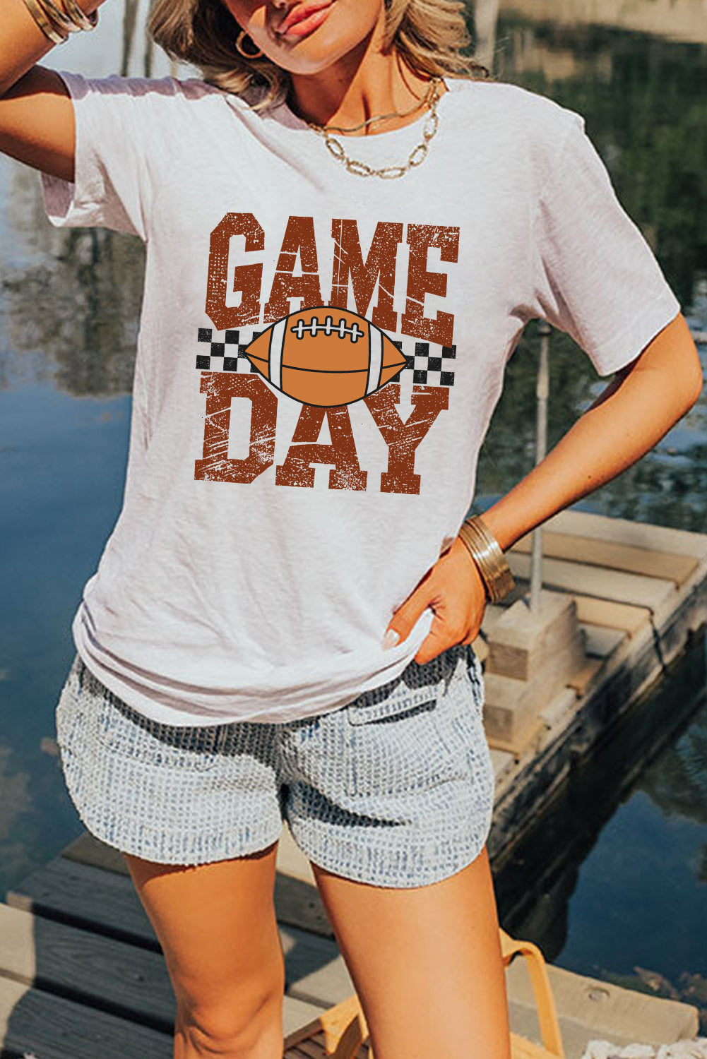 White GAME DAY Checkered Rugby Print Vintage Graphic Tee