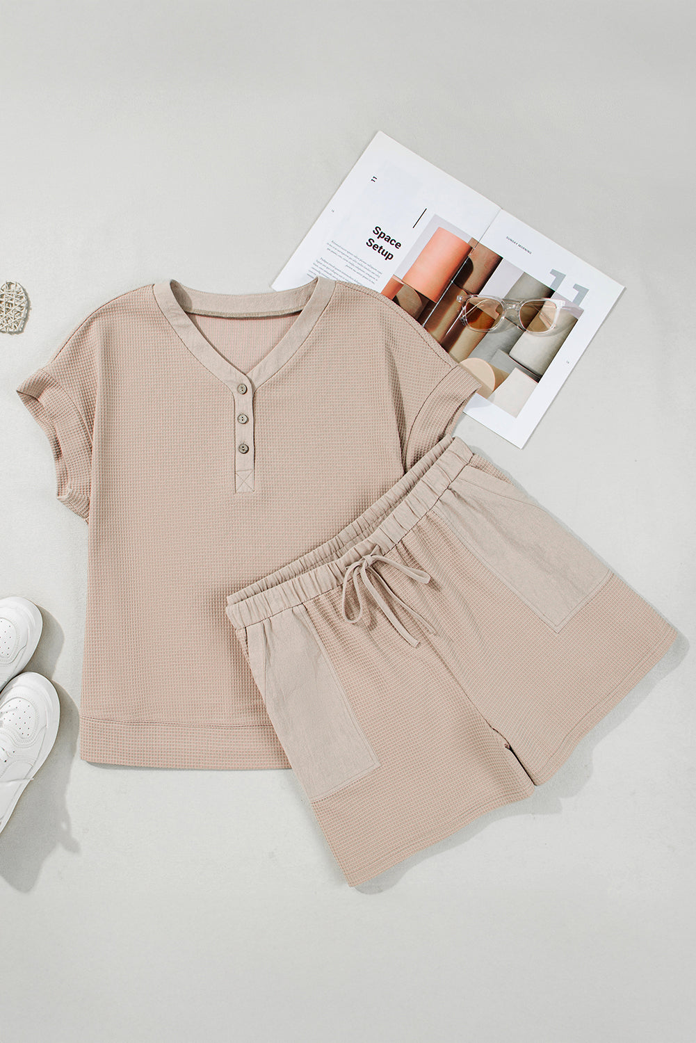Parchment Waffle Short Sleeve Henley Top Drawstring Shorts Plus Size Set