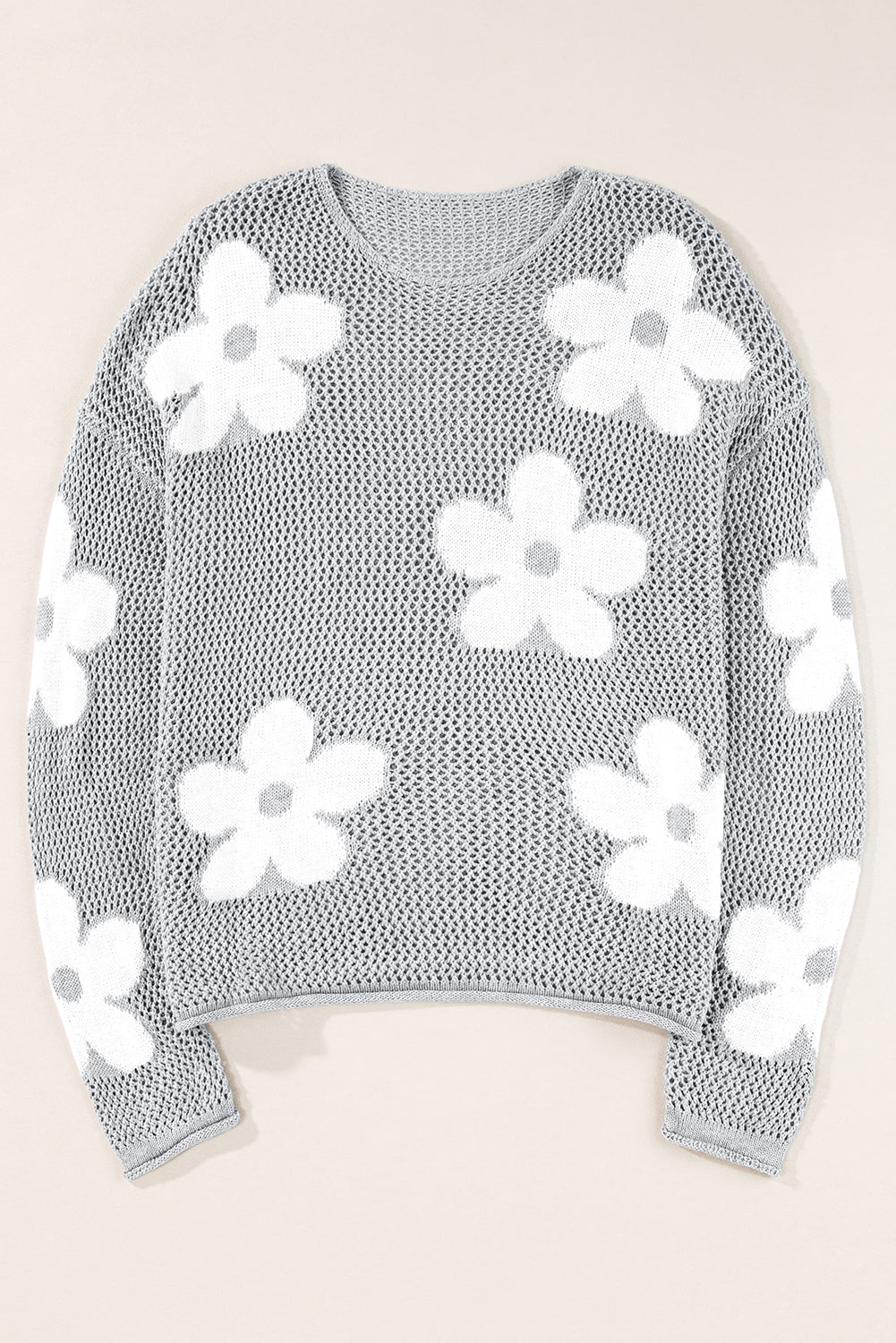 Light Pink Big Flower Hollowed Knit Drop Shoulder Sweater