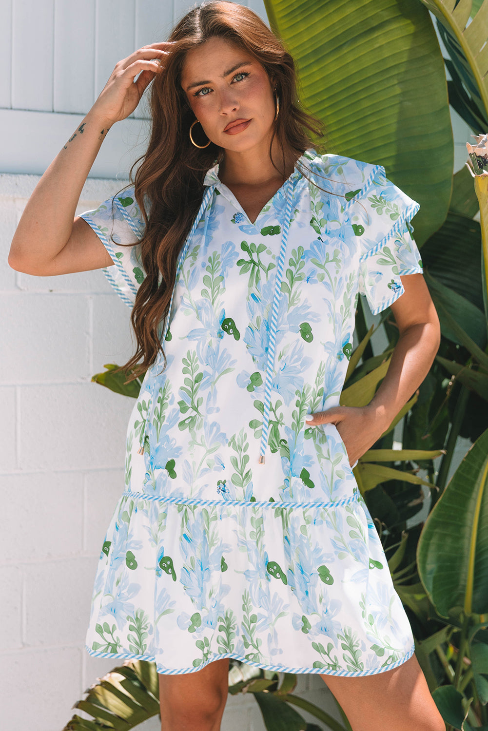 Pink Plus Size Floral Print Striped Detail Short Summer Dress